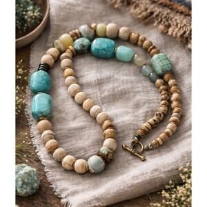 Earthbound Boho Beaded Necklace Wood Turquoise Look Stone Beads Beach Jasper